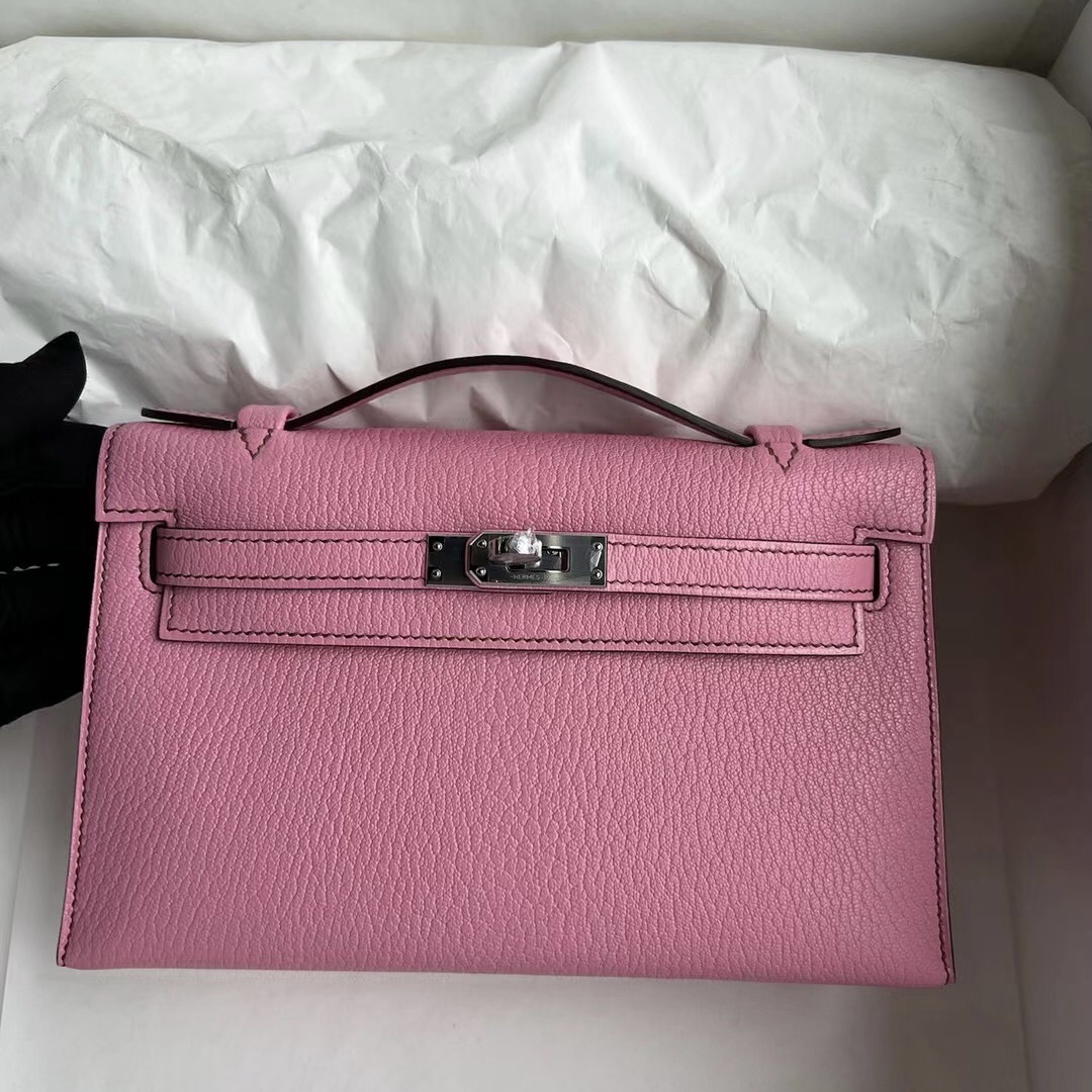 Hermes MiniKelly Pochette Chevre 進口山羊皮 5P pink 櫻花粉 銀扣