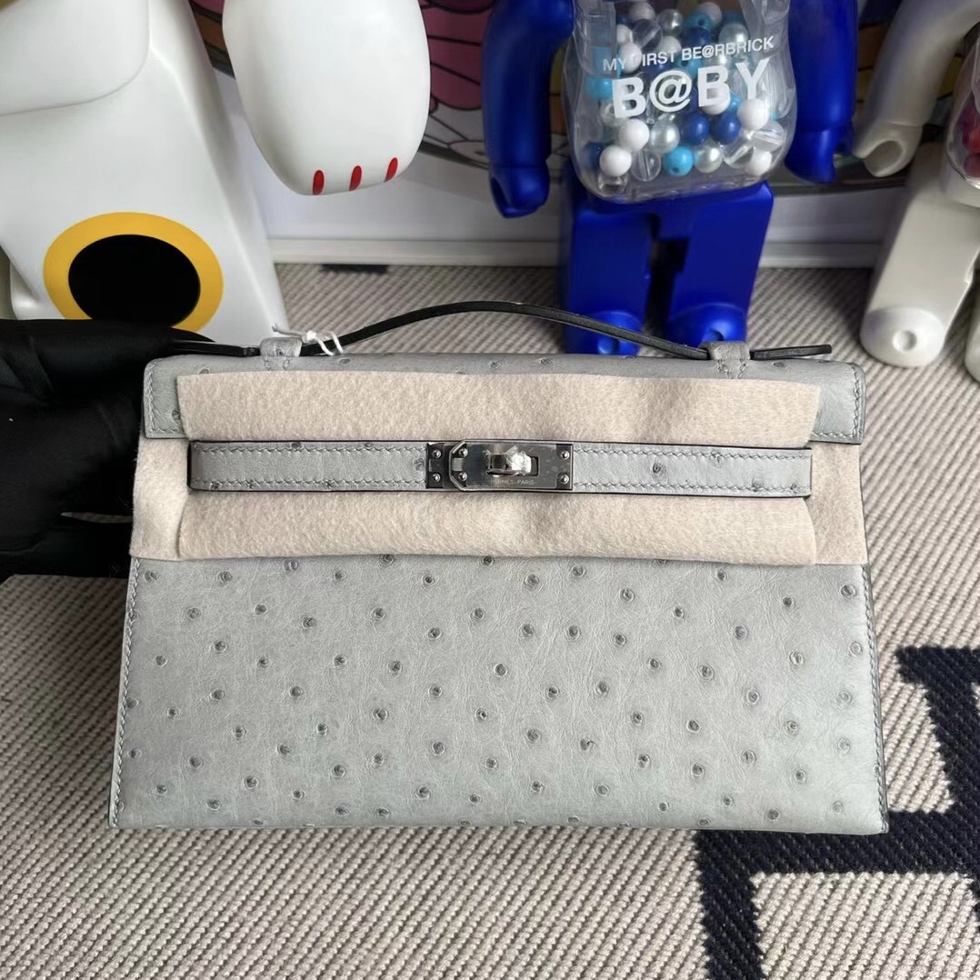 Hermes MiniKelly Pochette Ostrich 原廠KK南非鴕鳥皮 8U Bleu Glacier銀扣