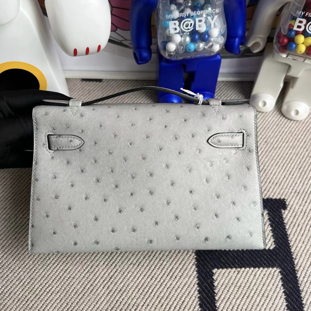 Hermès Kelly Pochette Ostrich Bleu Glacier PHW - Kaialux