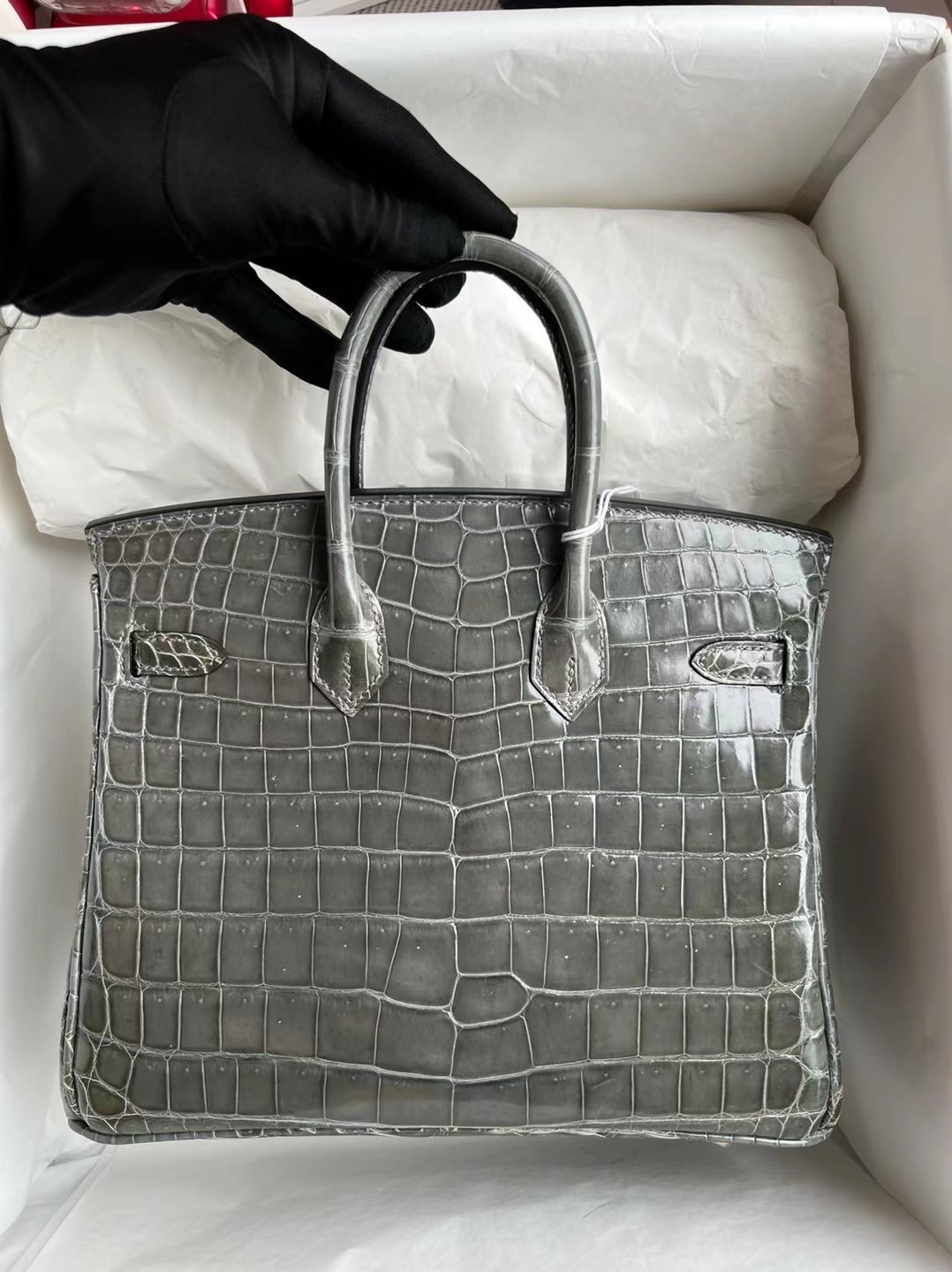 Singapore Hermès Birkin 25 Shiny Nilo Crocodile 8F Etain 錫器灰金扣