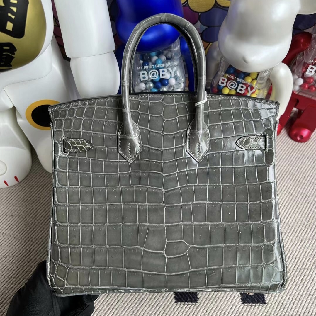 Singapore Hermès Birkin 25 Shiny Nilo Crocodile 8F Etain 錫器灰金扣