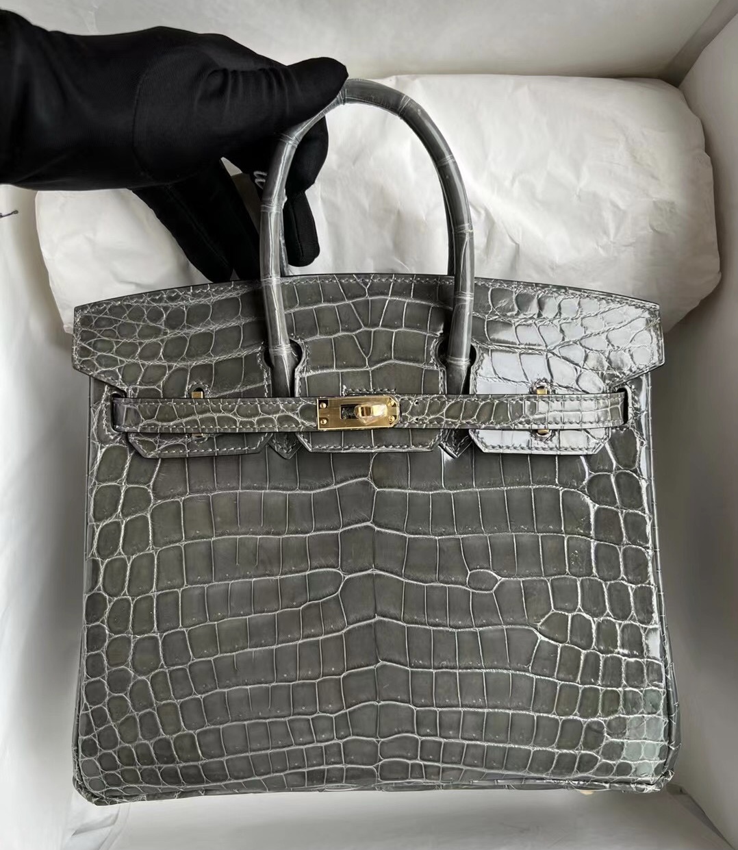 Singapore Hermès Birkin 25 Shiny Nilo Crocodile 8F Etain 錫器灰金扣