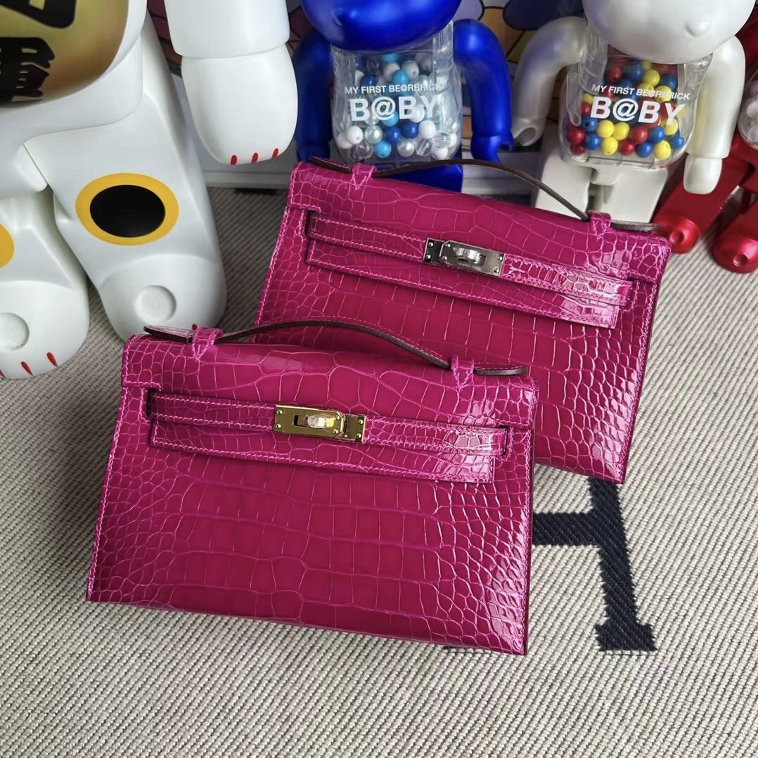 Hermès MiniKelly Pochette Polished Mississippiensis Alligator J5 Rose Sheheraradez