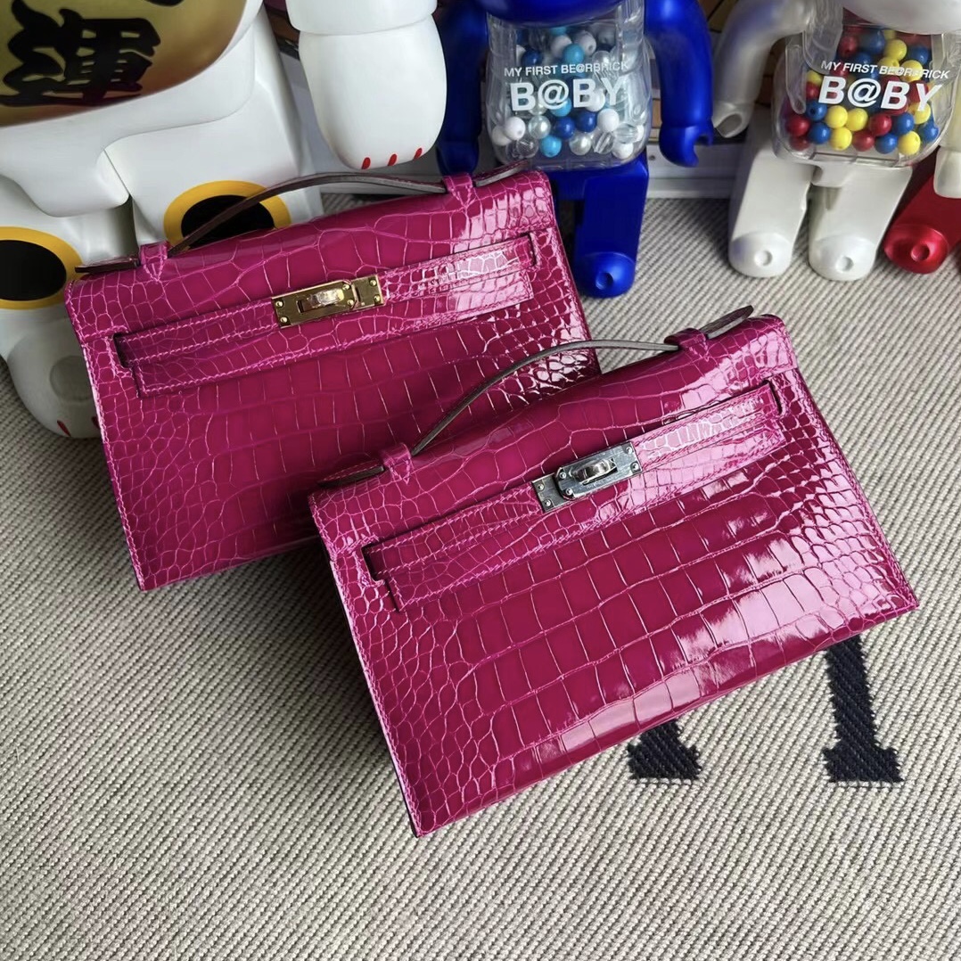 Hermès MiniKelly Pochette Polished Mississippiensis Alligator J5 Rose Sheheraradez