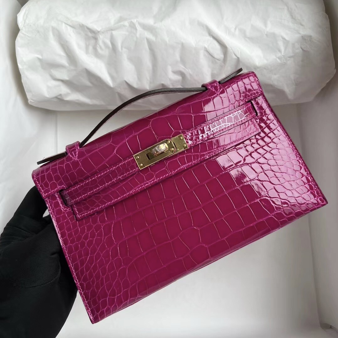 Singapore Hermès MiniKelly Pochette Mississippiensis Alligator J5 Rose Sheheraradez GHW