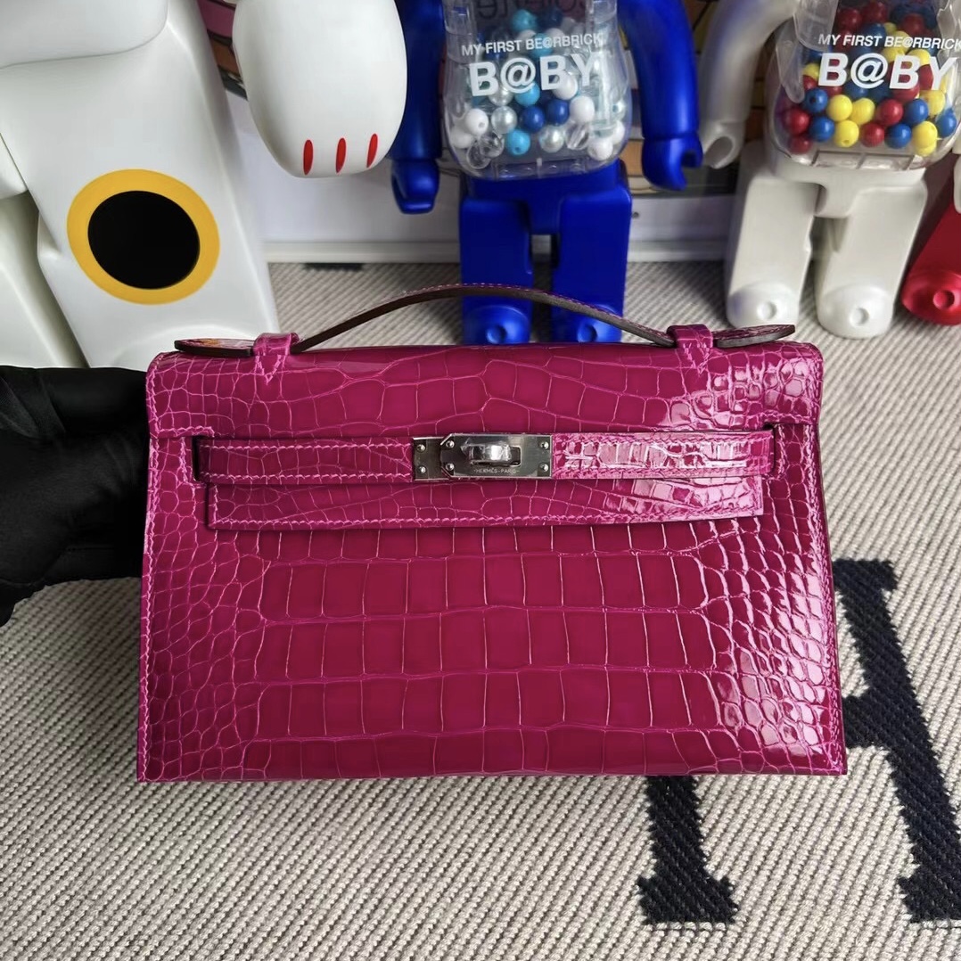 Hermès MiniKelly Pochette Polished Mississippiensis Alligator J5 Rose Sheheraradez