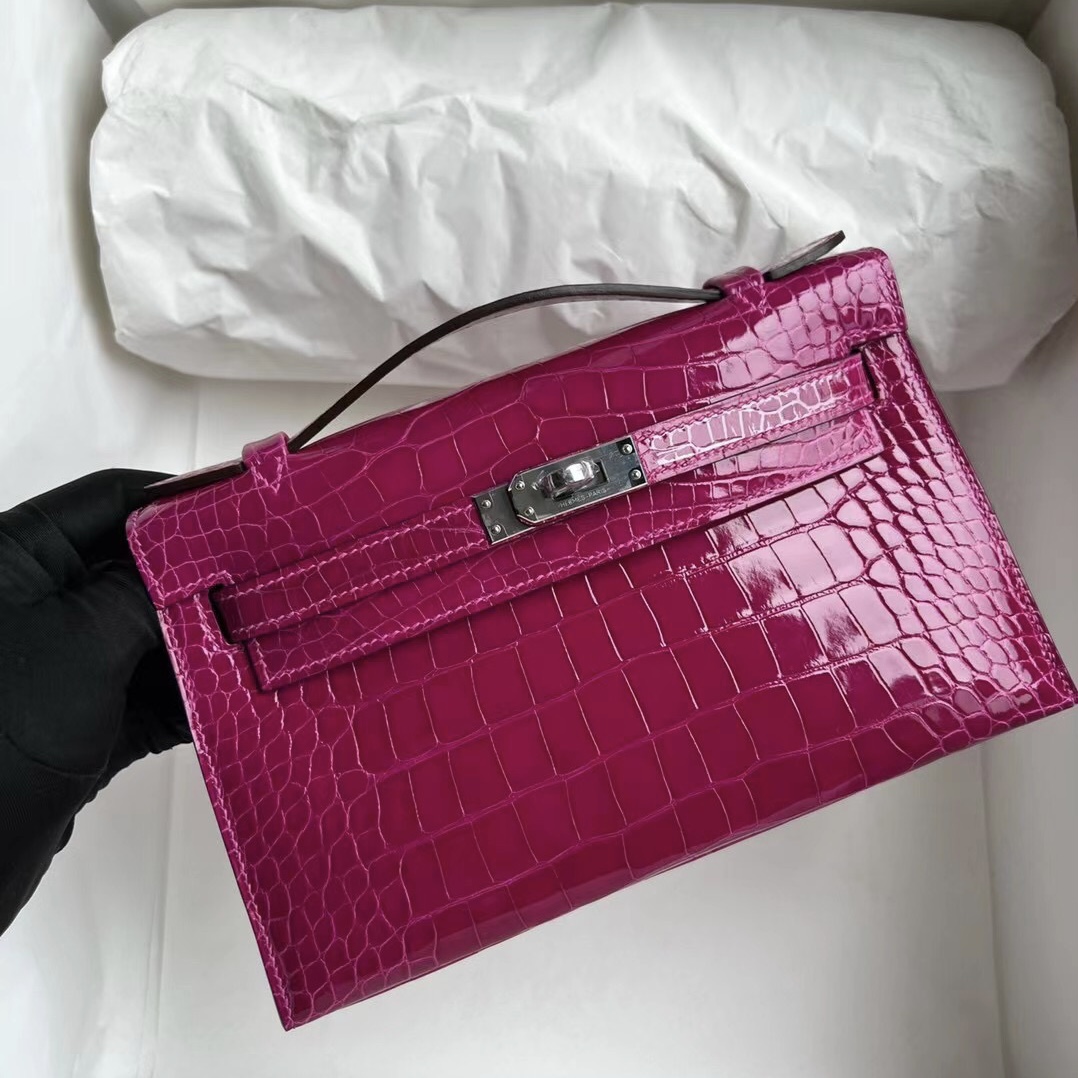 Hermès MiniKelly Pochette Polished Mississippiensis Alligator J5 Rose Sheheraradez