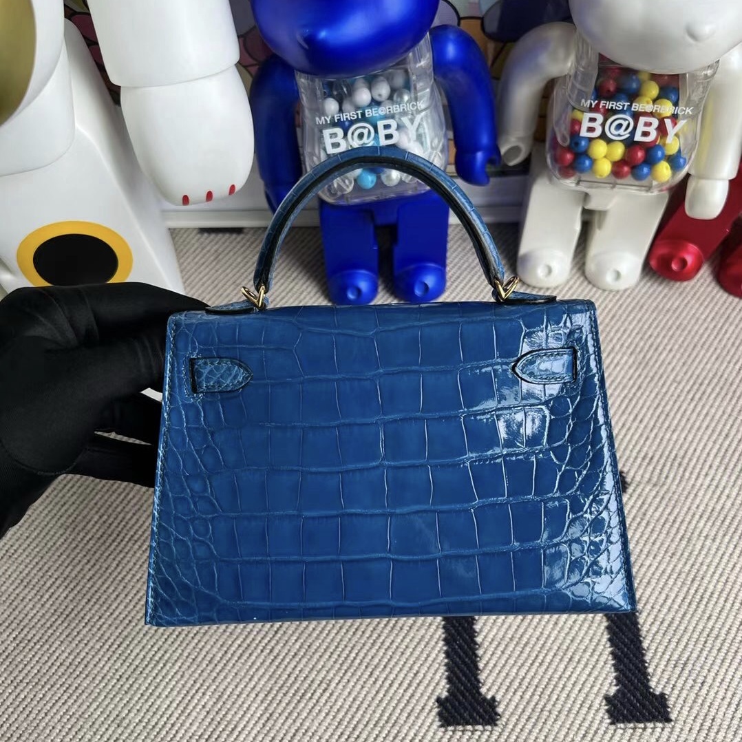 singapore website Hermès Kellymini II 2代美洲鱷魚7W Blue Izmir 伊茲密爾藍金扣