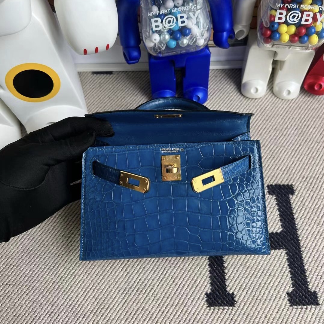 singapore website Hermès Kellymini II 2代美洲鱷魚7W Blue Izmir 伊茲密爾藍金扣