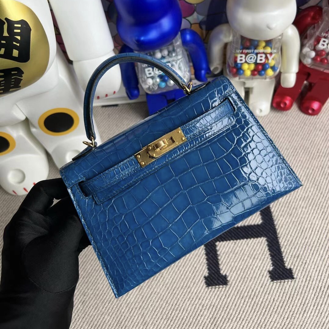 singapore website Hermès Kellymini II 2代美洲鱷魚7W Blue Izmir 伊茲密爾藍金扣