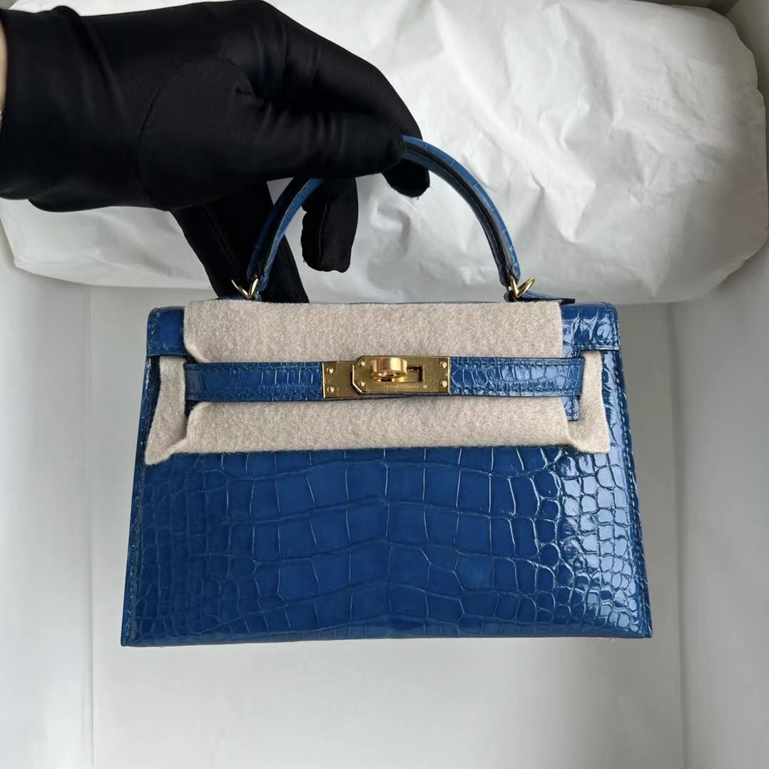 singapore website Hermès Kellymini II 2代美洲鱷魚7W Blue Izmir 伊茲密爾藍金扣