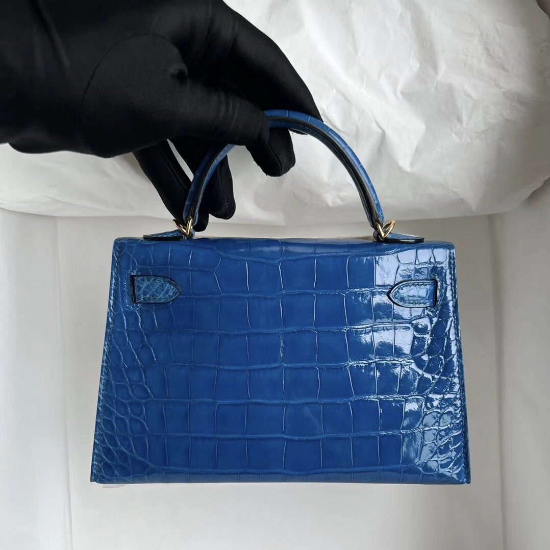 singapore website Hermès Kellymini II 2代美洲鱷魚7W Blue Izmir 伊茲密爾藍金扣