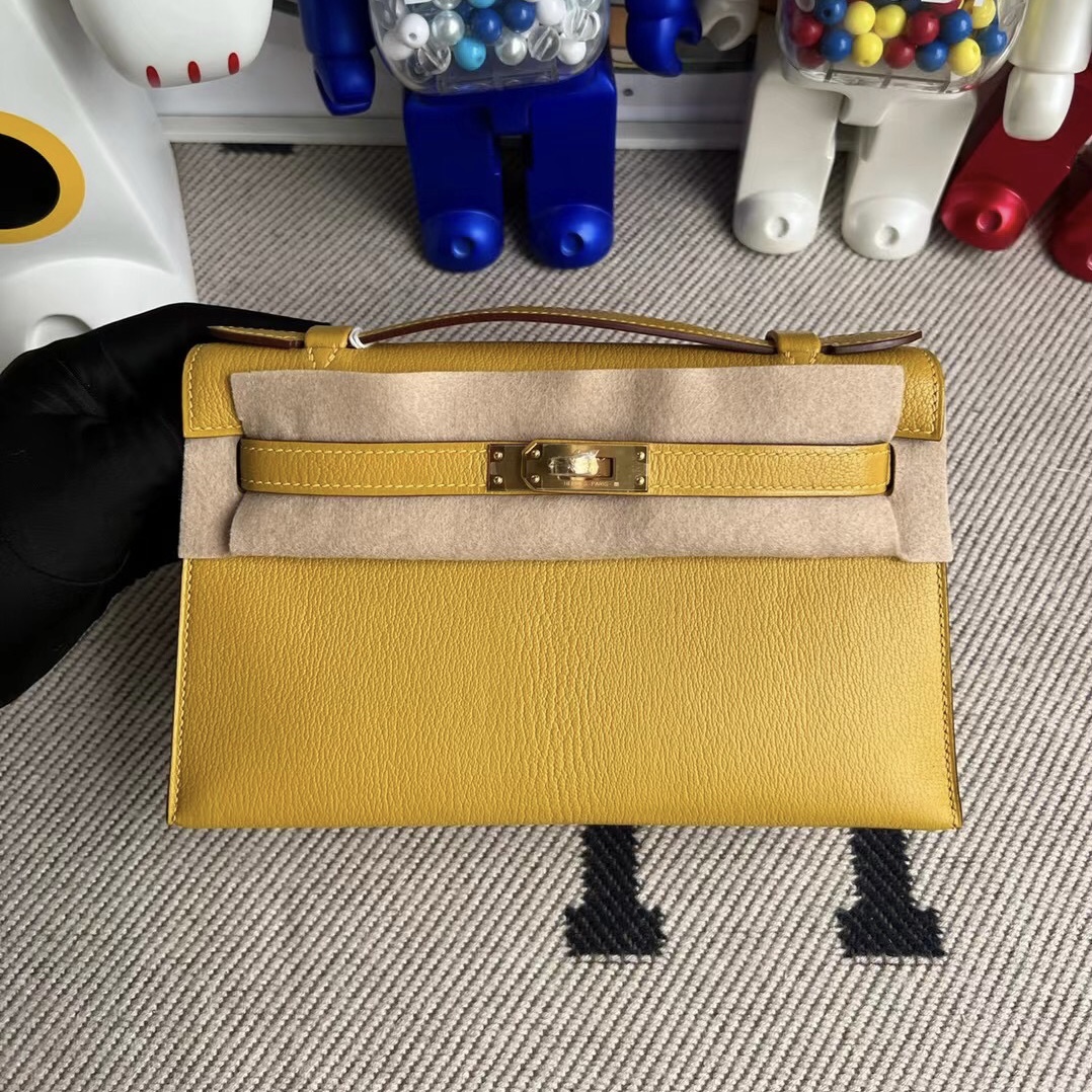 Canada Hermès MiniKelly Pochette Chevre 山羊皮 9D Jaune Ambe 琥珀黃 金扣