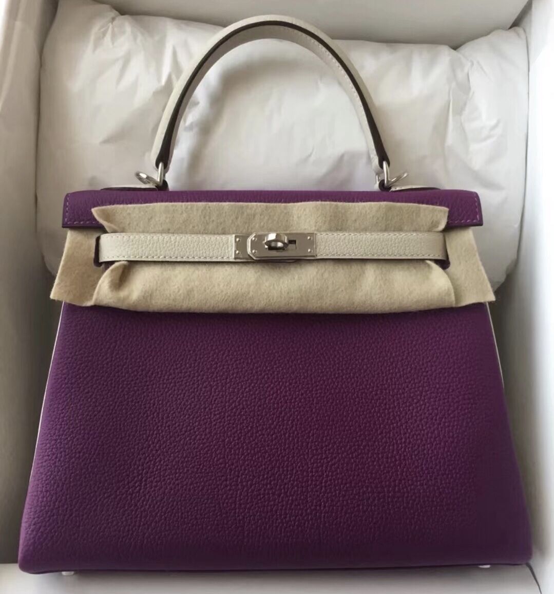 Hermes Kelly 25cm Togo P9 Anemone 海葵紫/10 Craie 奶昔白 銀扣 PHW