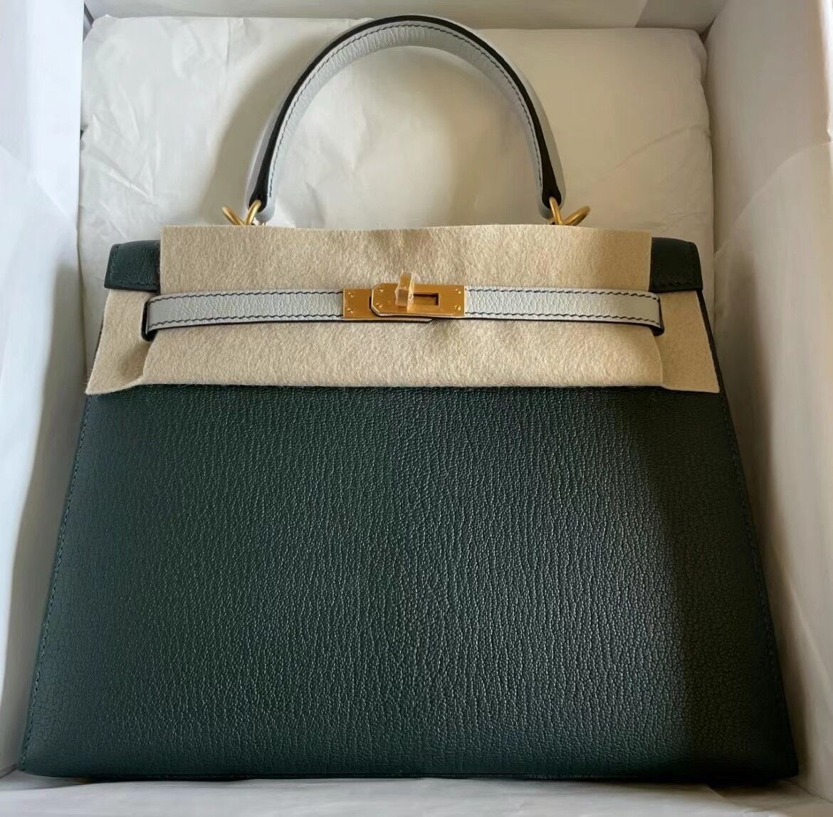 Hermès Kelly 25cm Chevre 1T Vert Titlen /T0 Blue Brume 拉絲金扣