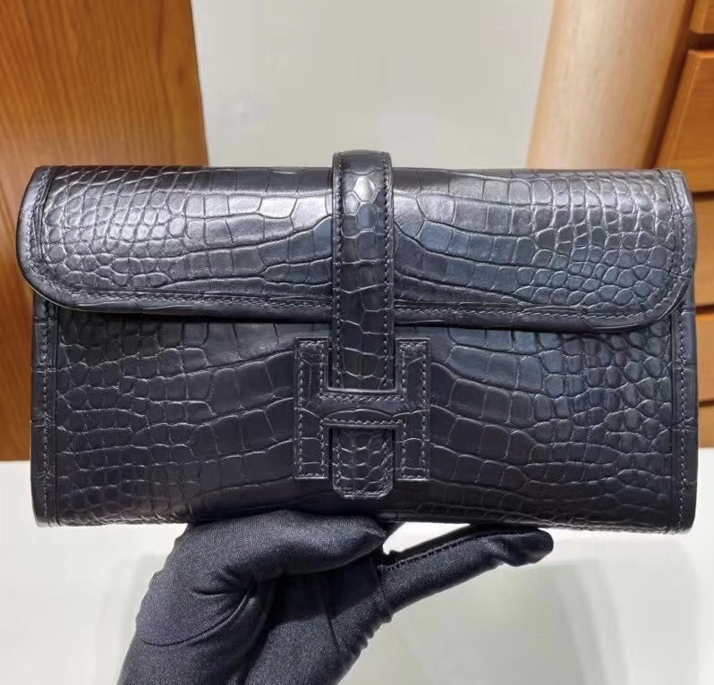 臺灣愛馬仕官方網址 Hermès Jige Duo wallet 89 Noir 黑色長款錢包啞光鱷魚皮