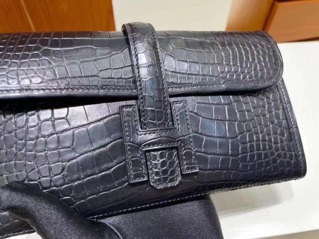 臺灣愛馬仕官方網址 Hermès Jige Duo wallet 89 Noir 黑色長款錢包啞光鱷魚皮