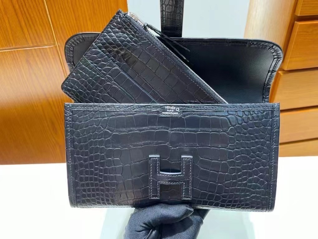 臺灣愛馬仕官方網址 Hermès Jige Duo wallet 89 Noir 黑色長款錢包啞光鱷魚皮