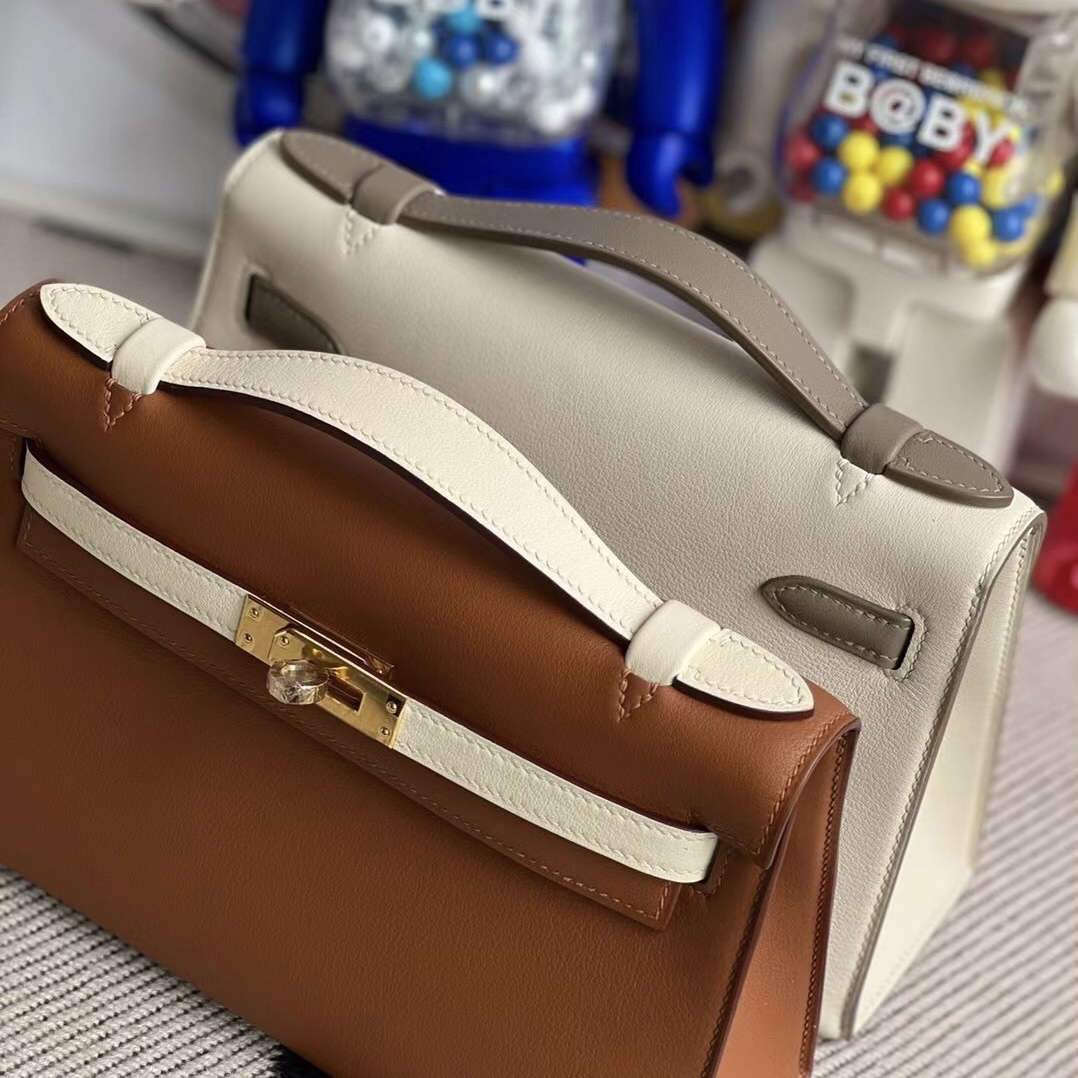 新加坡愛馬仕官網 Hermès MiniKelly Pochette Swift Craie Gris Asphalte 玫瑰金扣