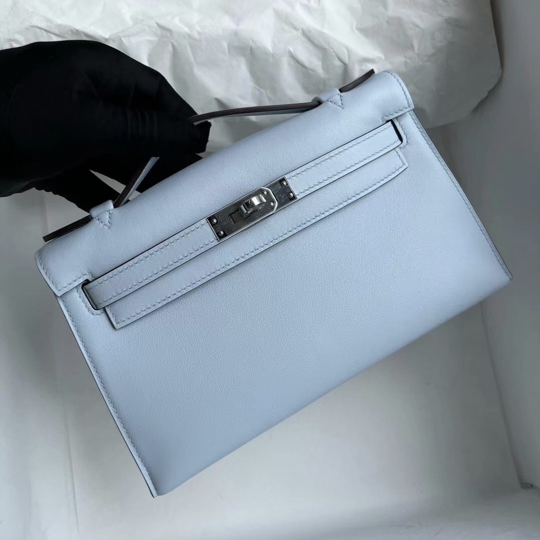 新加坡愛馬仕官網 Hermès Mini Kelly Pochette Swift T0 Blue Brume 霧藍色銀扣