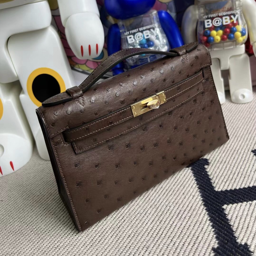 新加坡愛馬仕官網 Hermès Mini Kelly Pochette Ostrich 南非原廠KK鴕鳥皮 47 Chocolate