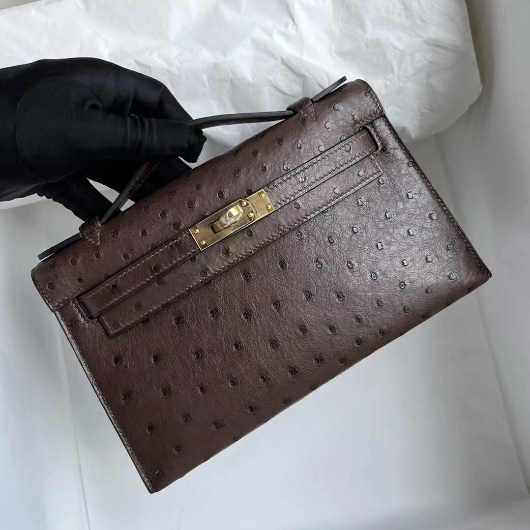 新加坡愛馬仕官網 Hermès Mini Kelly Pochette Ostrich 南非原廠KK鴕鳥皮 47 Chocolate