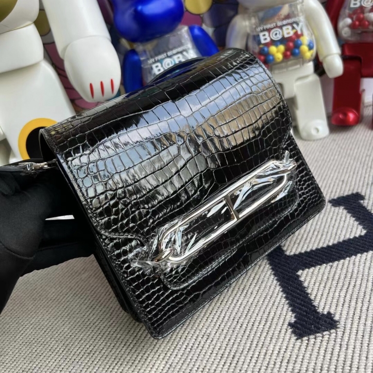 Singapore Hermès Roulis Mini 18 Shiny Porosus Crocodile Noir phwHermès