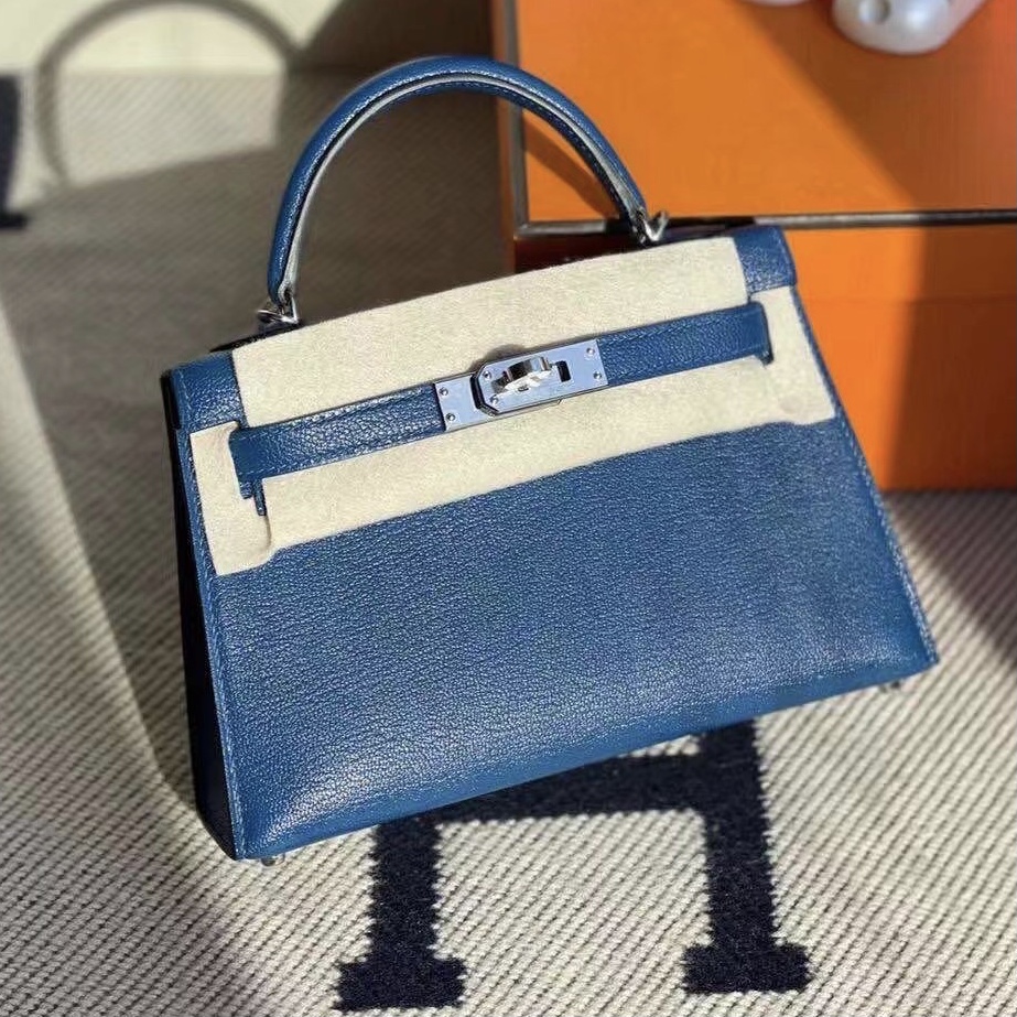 愛馬仕包包官網 Hermès kelly Mini II Chevre Deep Blue 深邃藍內拼 Rose Poupre 玫瑰紫