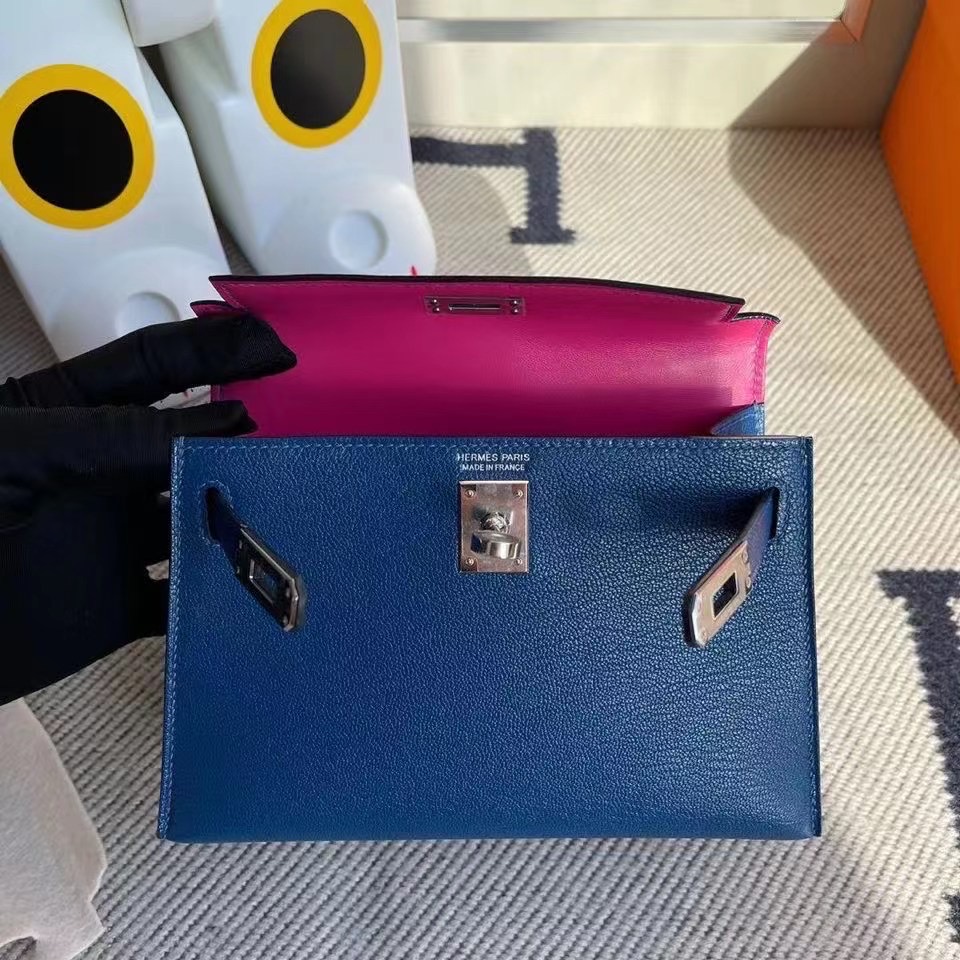 愛馬仕包包官網 Hermès kelly Mini II Chevre Deep Blue 深邃藍內拼 Rose Poupre 玫瑰紫