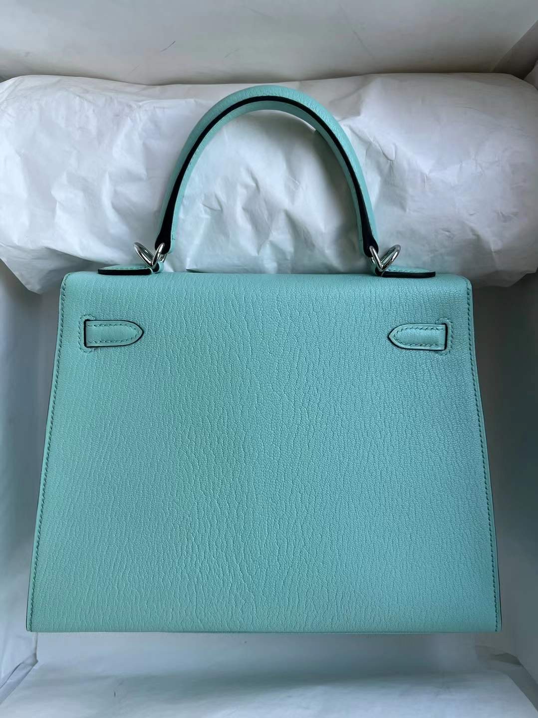 新加坡愛馬仕凱莉25價格 Hermes Kelly 25 進口山羊皮 79 Aqua 湖水藍 銀扣