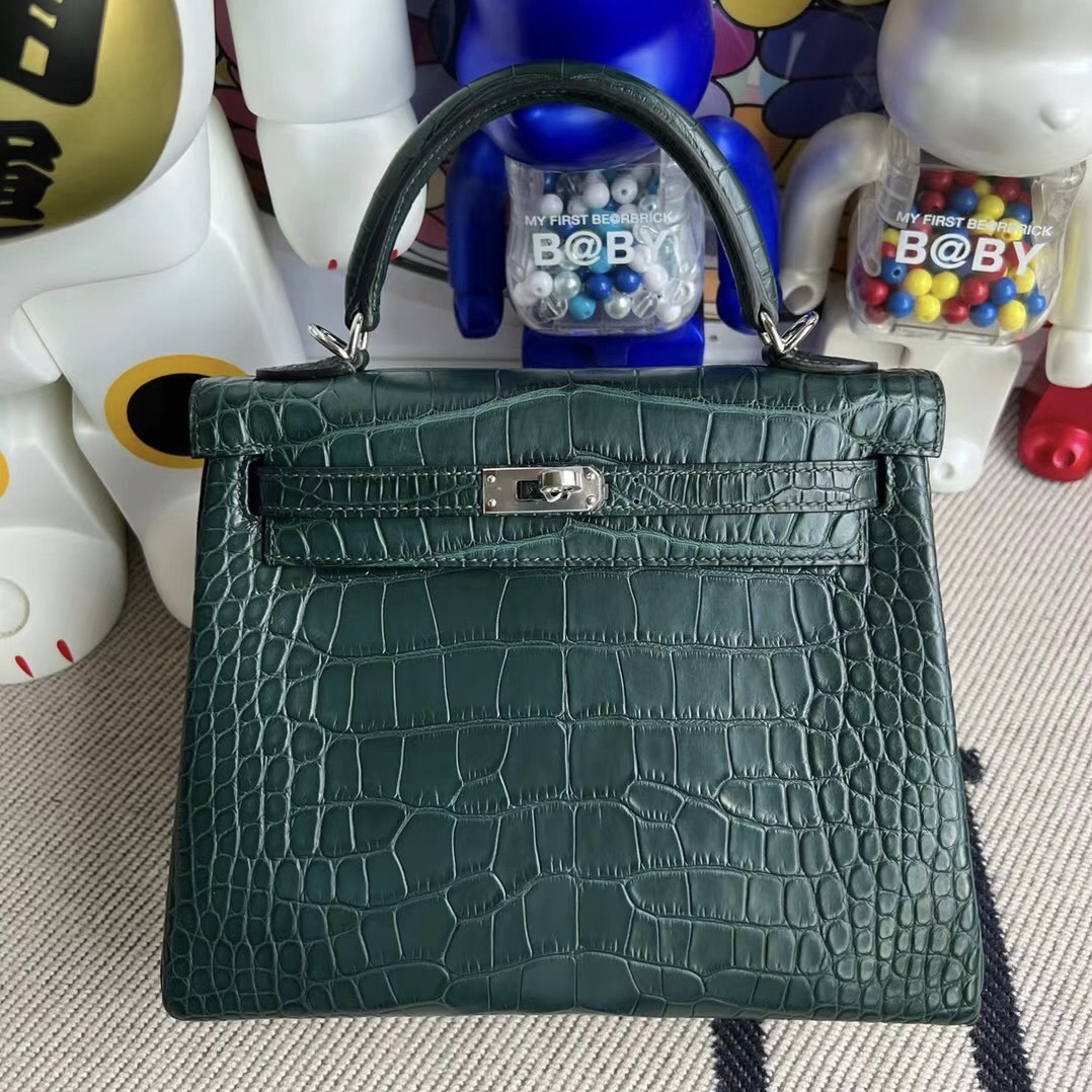 新加坡愛馬仕 Hermes Kelly 25cm 6O Vert Cypress 鬆柏綠 霧面美洲鱷魚銀扣