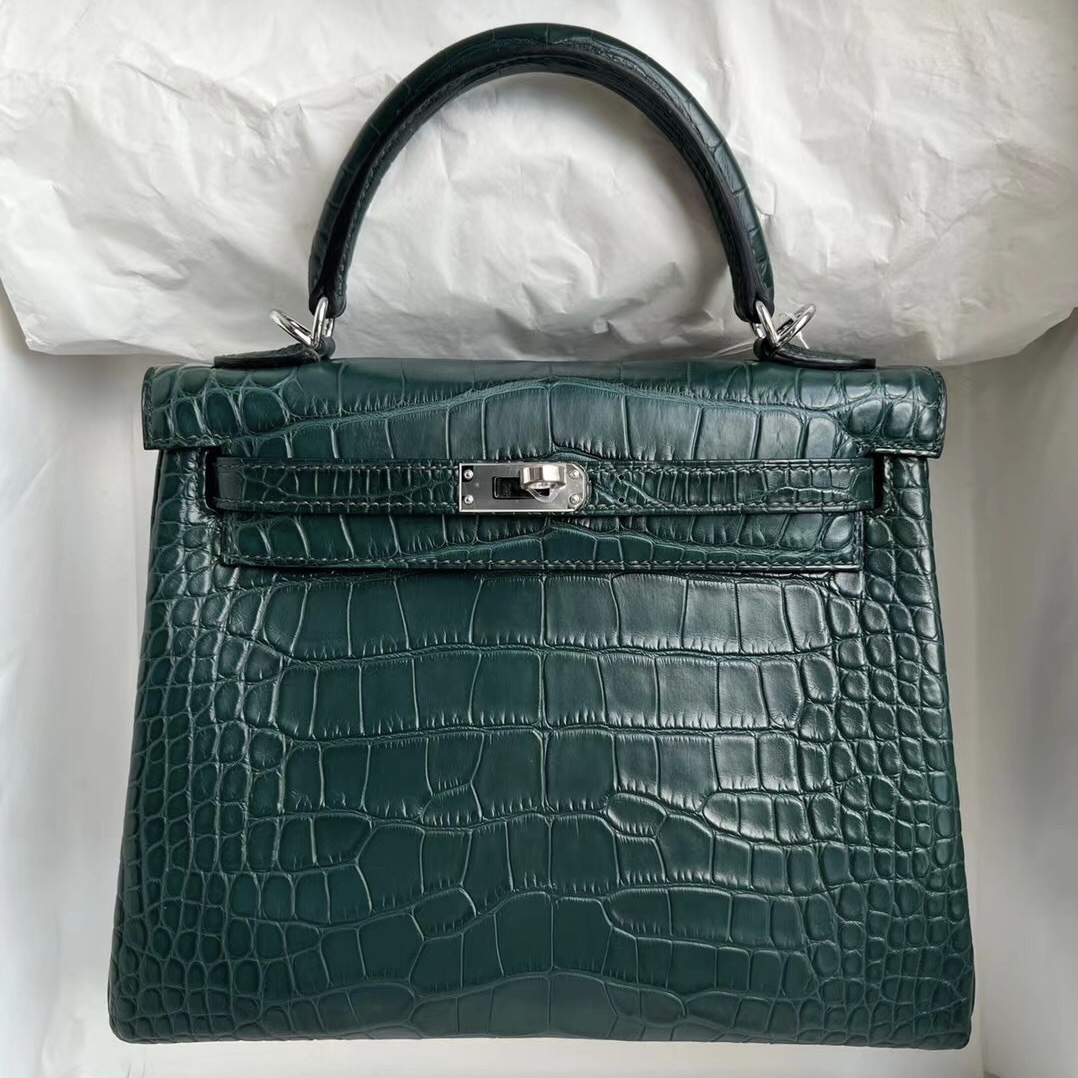 新加坡愛馬仕 Hermes Kelly 25cm 6O Vert Cypress 鬆柏綠 霧面美洲鱷魚銀扣