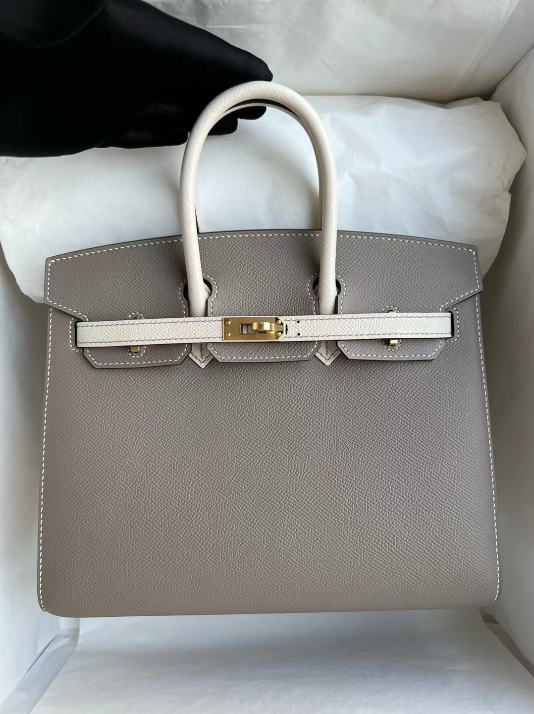 Hermes Birkin 25cm Epsom Sellier 外縫 M8 Gris Asphalte 10 Craie 奶昔白 金扣