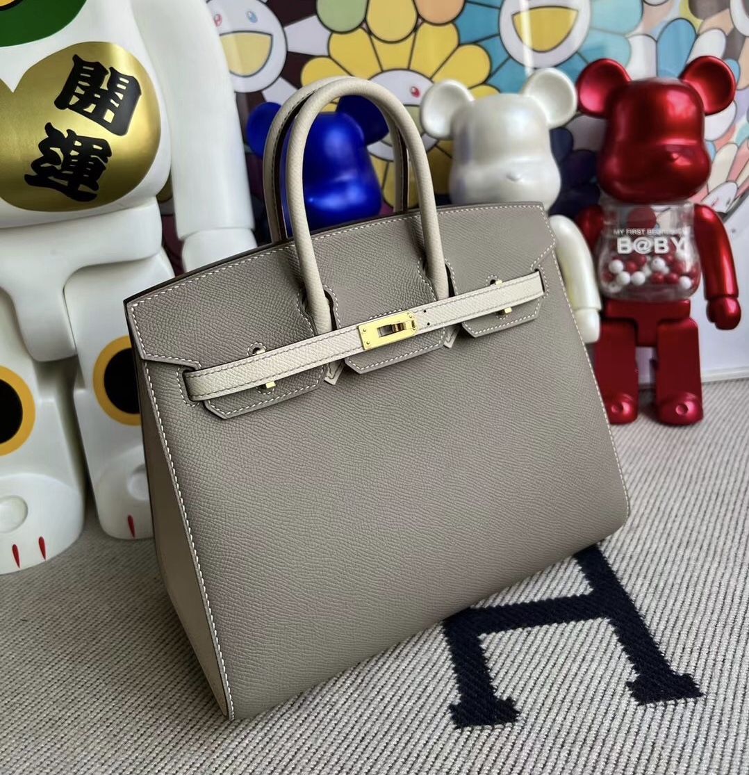 Hermes Birkin 25cm Epsom Sellier 外縫 M8 Gris Asphalte 10 Craie 奶昔白 金扣