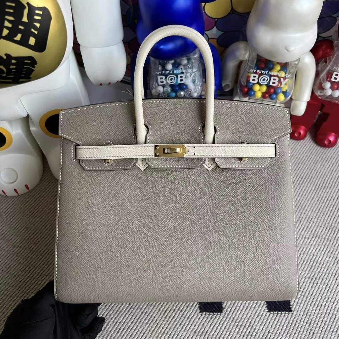 Hermes Birkin 25cm Epsom Sellier 外縫 M8 Gris Asphalte 10 Craie 奶昔白 金扣