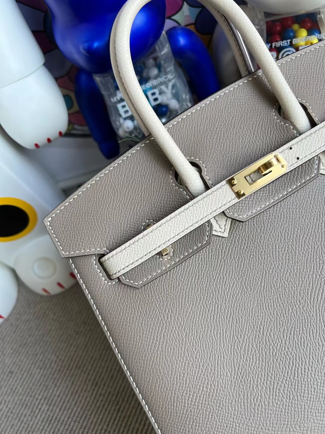 Hermes Birkin 25cm Epsom Sellier 外縫 M8 Gris Asphalte 10 Craie 奶昔白 金扣