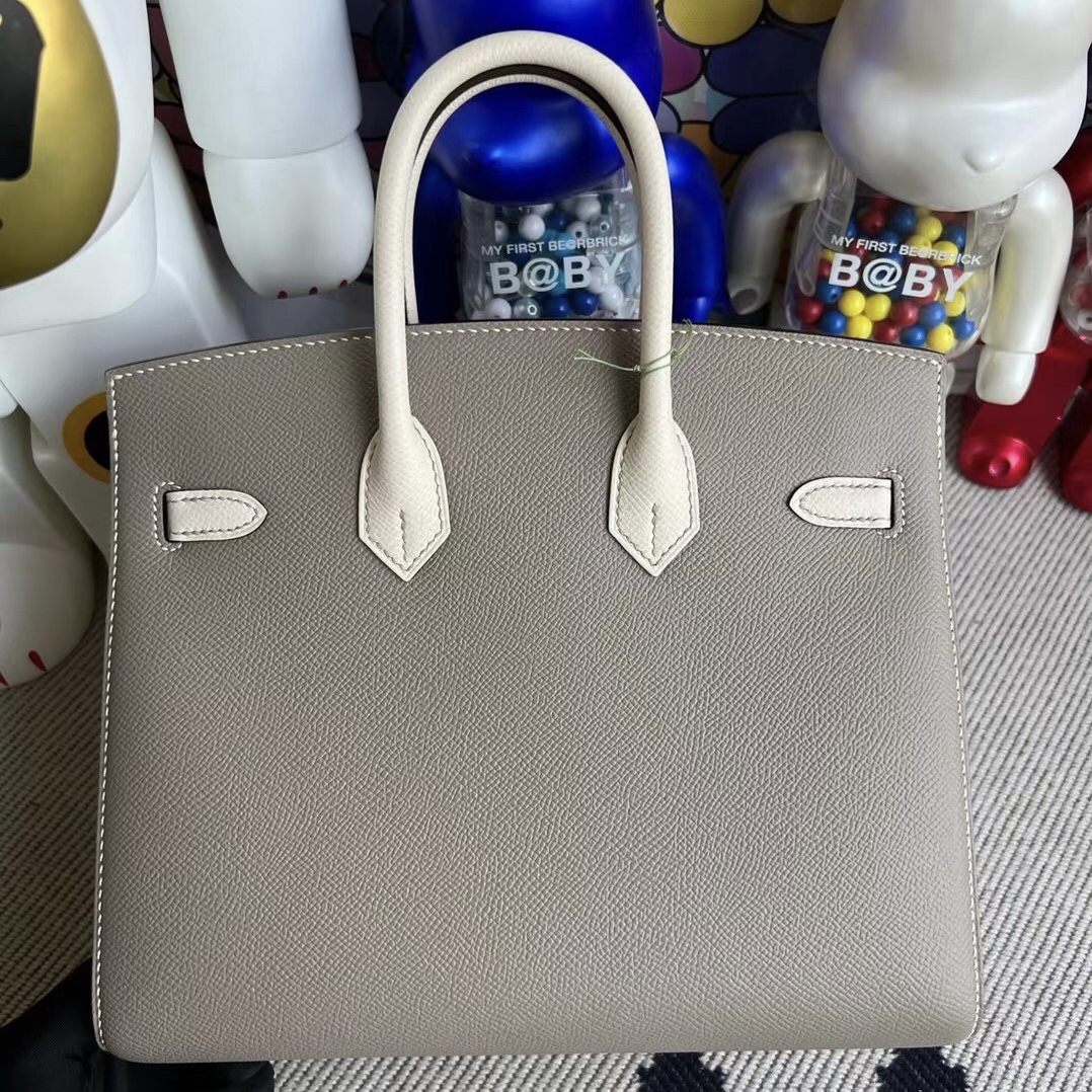 Hermes Birkin 25cm Epsom Sellier 外縫 M8 Gris Asphalte 10 Craie 奶昔白 金扣