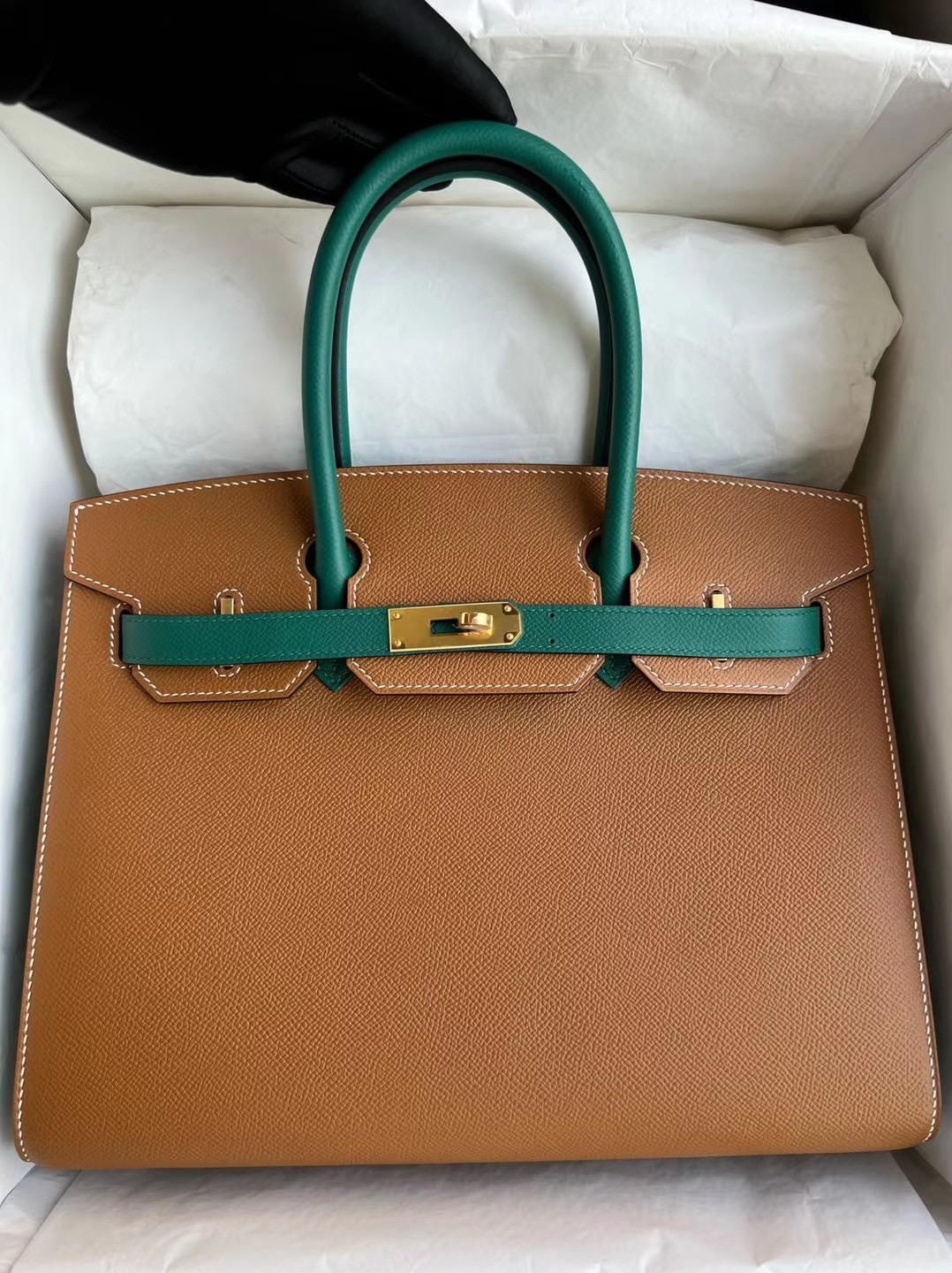 Hermes Birkin 25/30尺寸对比 HSS Epsom Sellier 外縫 37金棕色/Z6孔雀綠