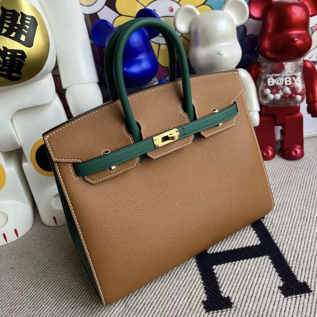 Hermes Birkin 25/30尺寸对比 HSS Epsom Sellier 外縫 37金棕色/Z6孔雀綠