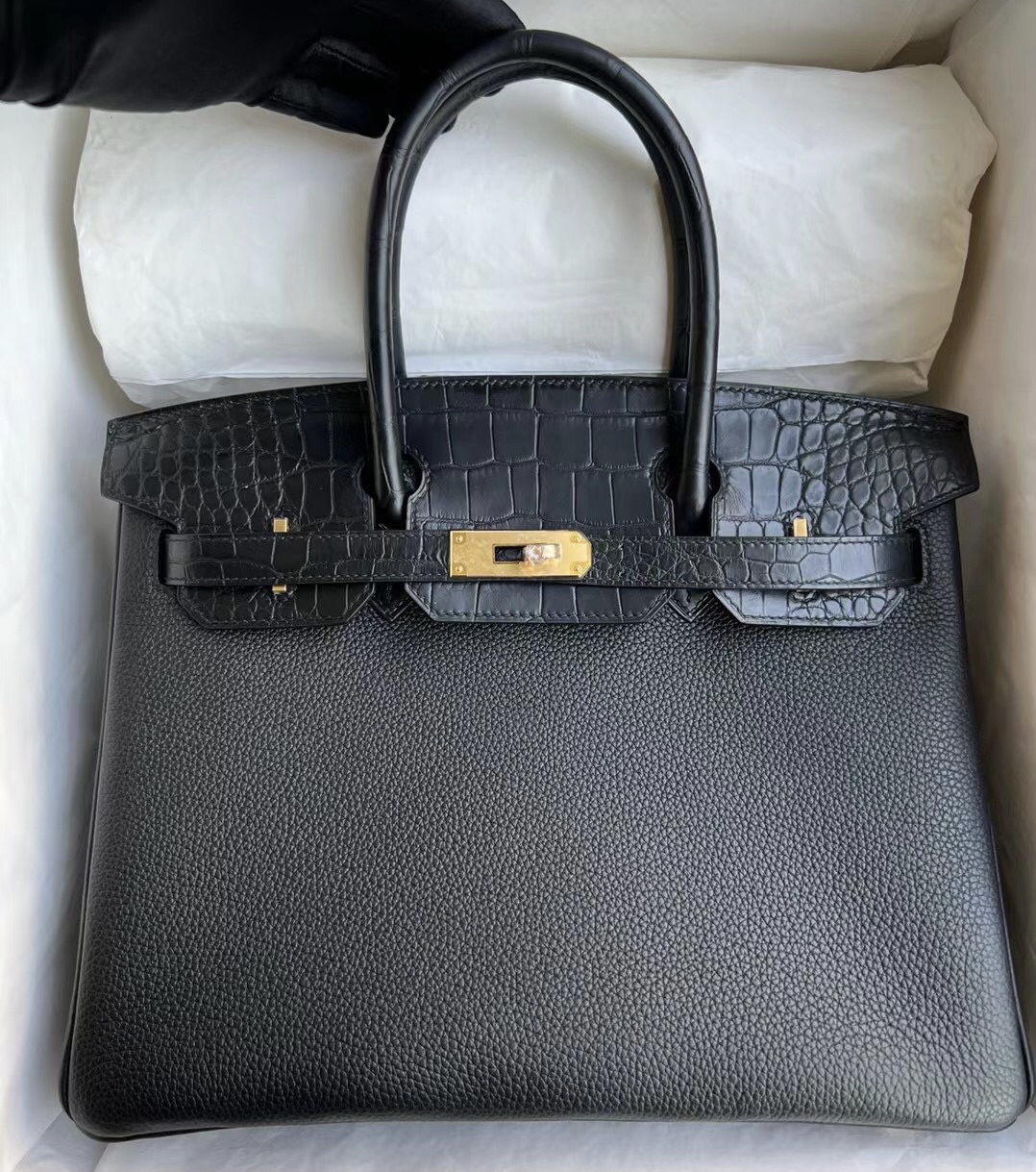 愛馬仕官網中國官方網站 Hermes Birkin 30 Touch 霧面美洲鱷魚黑色 金扣