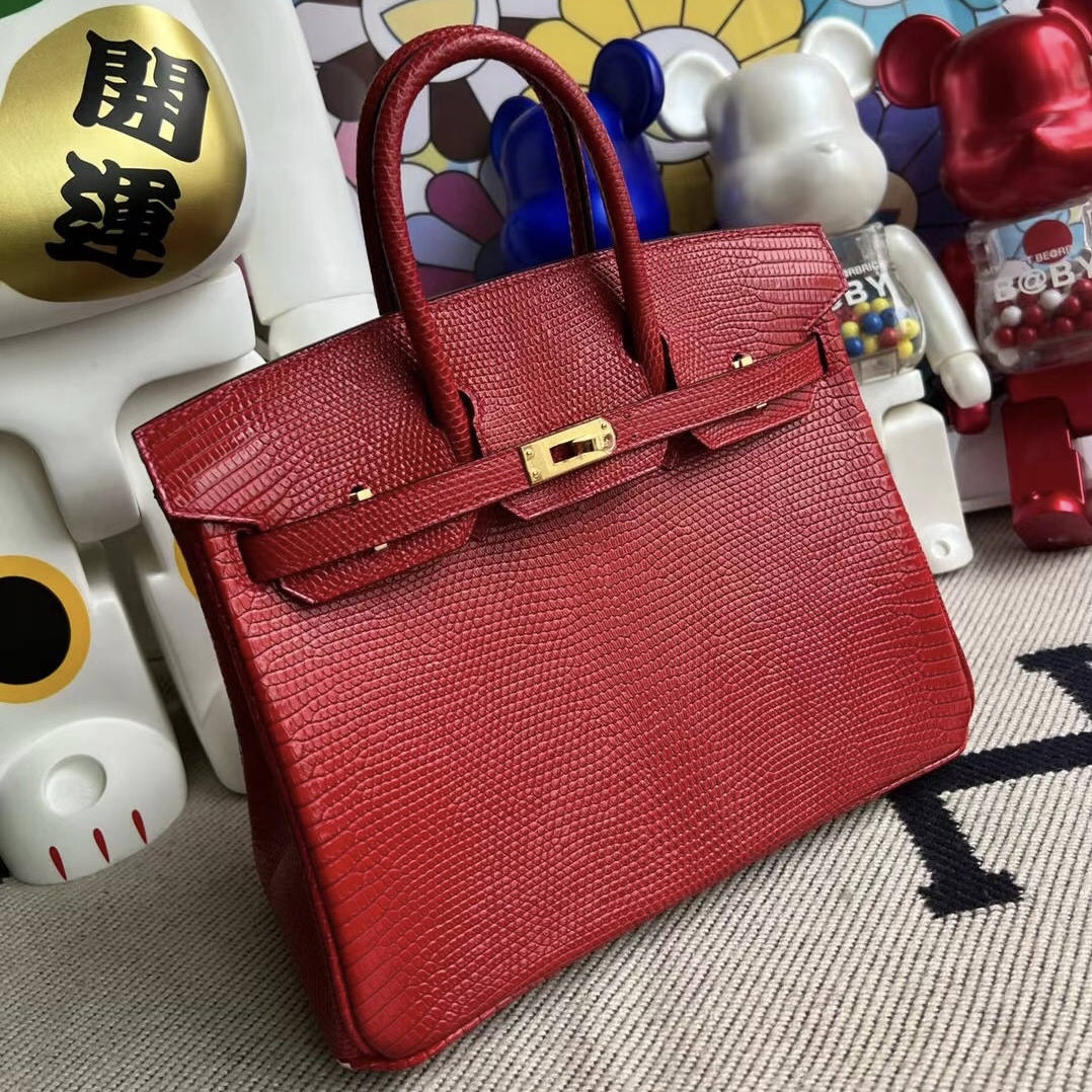 愛馬仕包包官網 Hermes Birkin 25cm Lizard Q5 Rose casaque 國旗紅