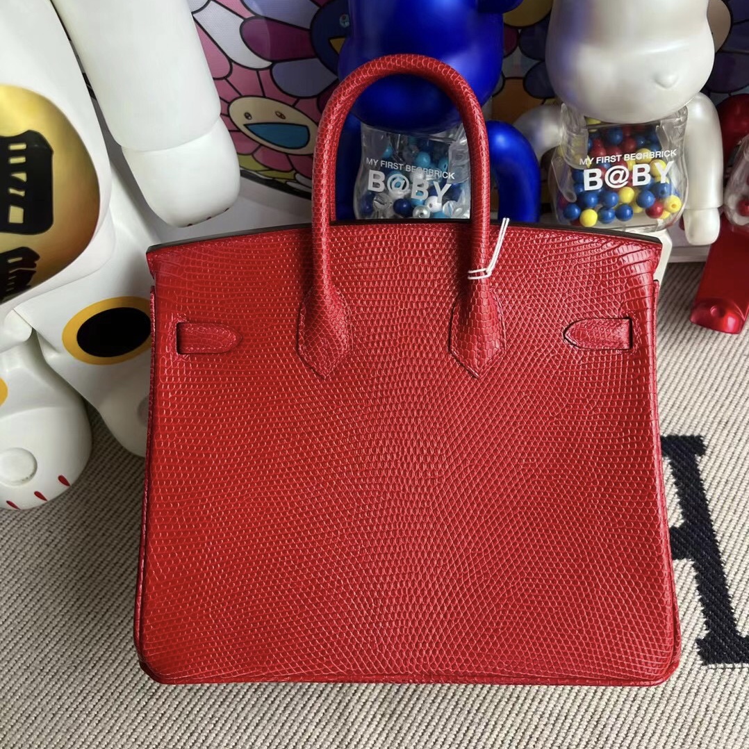 愛馬仕包包官網 Hermes Birkin 25cm Lizard Q5 Rose casaque 國旗紅