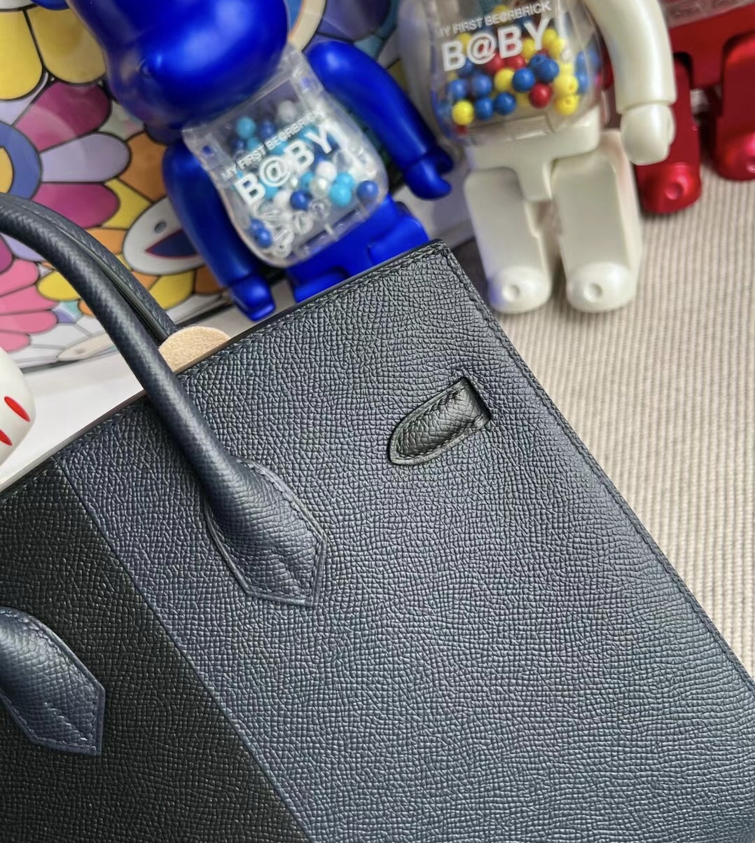 Hermes Birkin 25 Epsom Sellier 外縫 黑色/76 深海藍內拼 B3坦桑尼亞藍 金扣