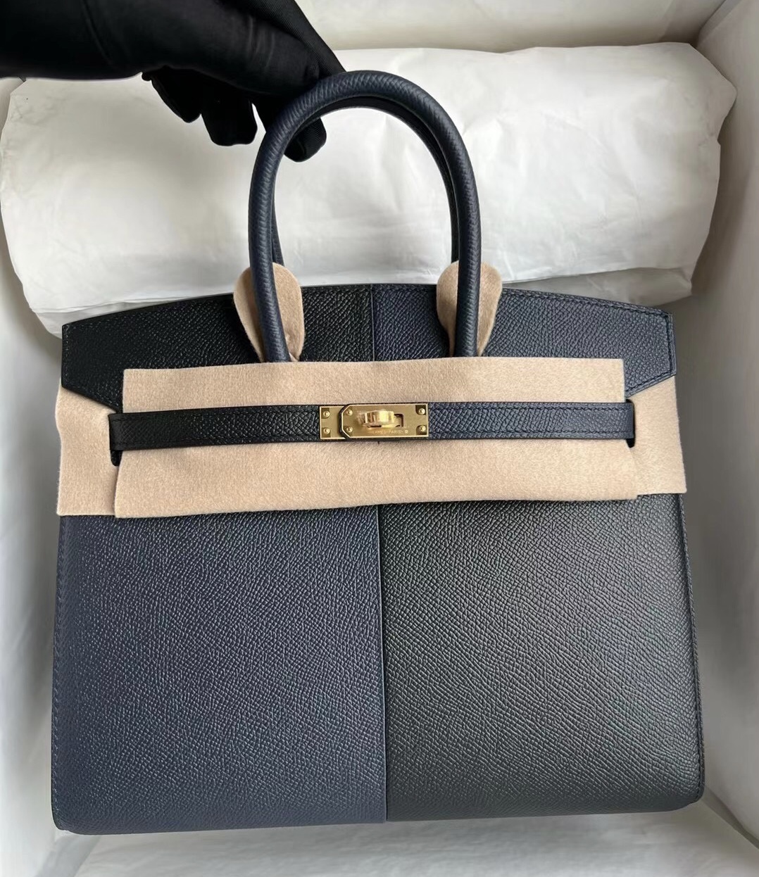 Hermes Birkin 25 Epsom Sellier 外縫 黑色/76 深海藍內拼 B3坦桑尼亞藍 金扣