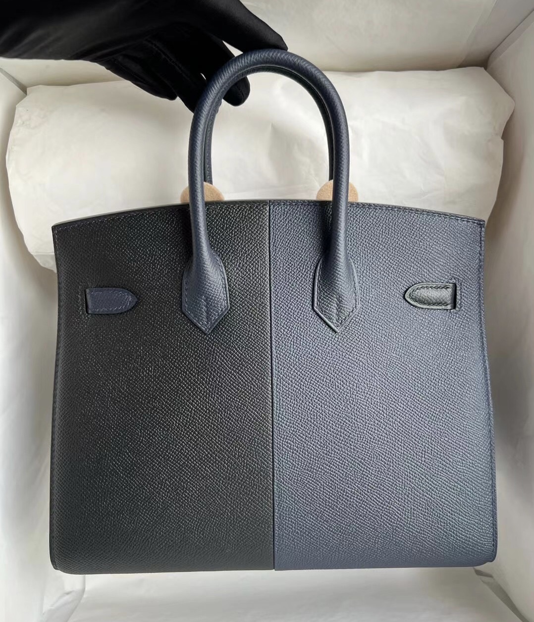 Hermes Birkin 25 Epsom Sellier 外縫 黑色/76 深海藍內拼 B3坦桑尼亞藍 金扣