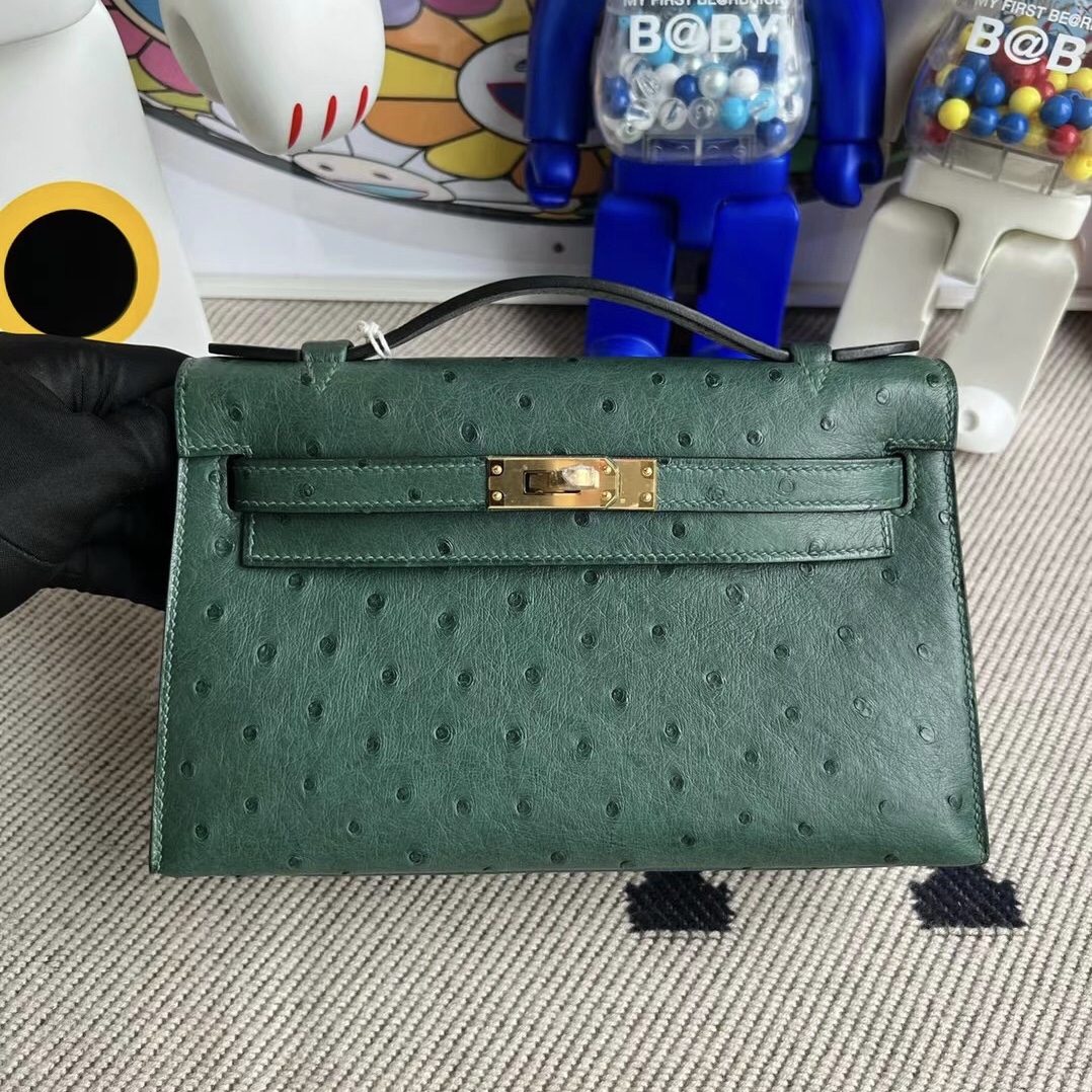 Hermes Mini kelly Pochette Ostrich 原廠KK進口鴕鳥皮 67 Vert Fonce 祖母綠 金扣