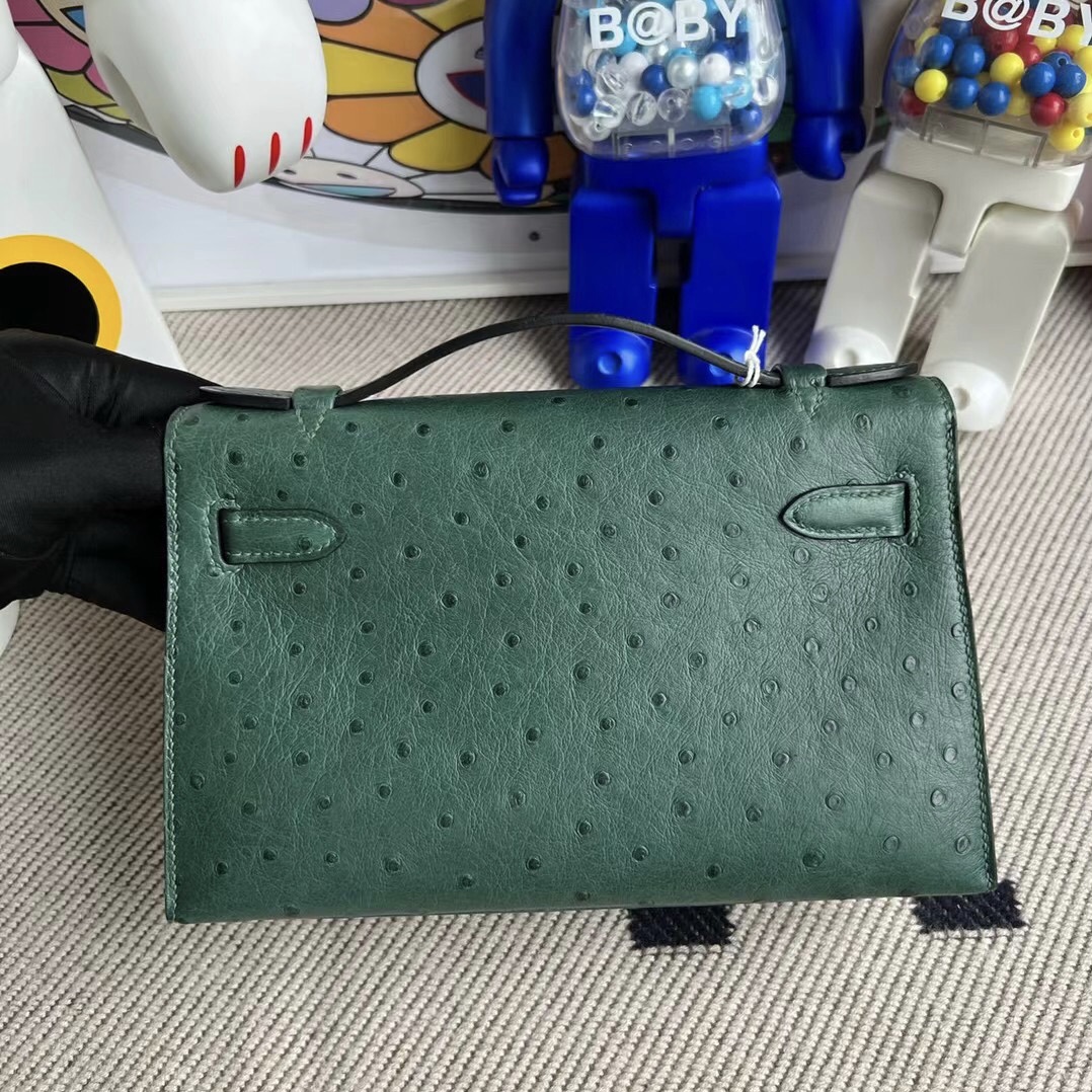 Hermes Mini kelly Pochette Ostrich 原廠KK進口鴕鳥皮 67 Vert Fonce 祖母綠 金扣