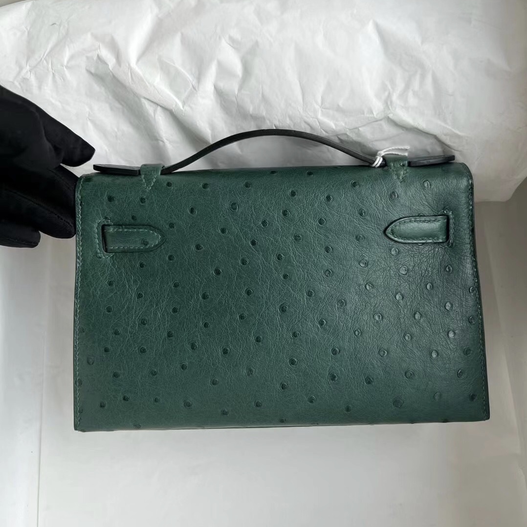 Hermes Mini kelly Pochette Ostrich 原廠KK進口鴕鳥皮 67 Vert Fonce 祖母綠 金扣