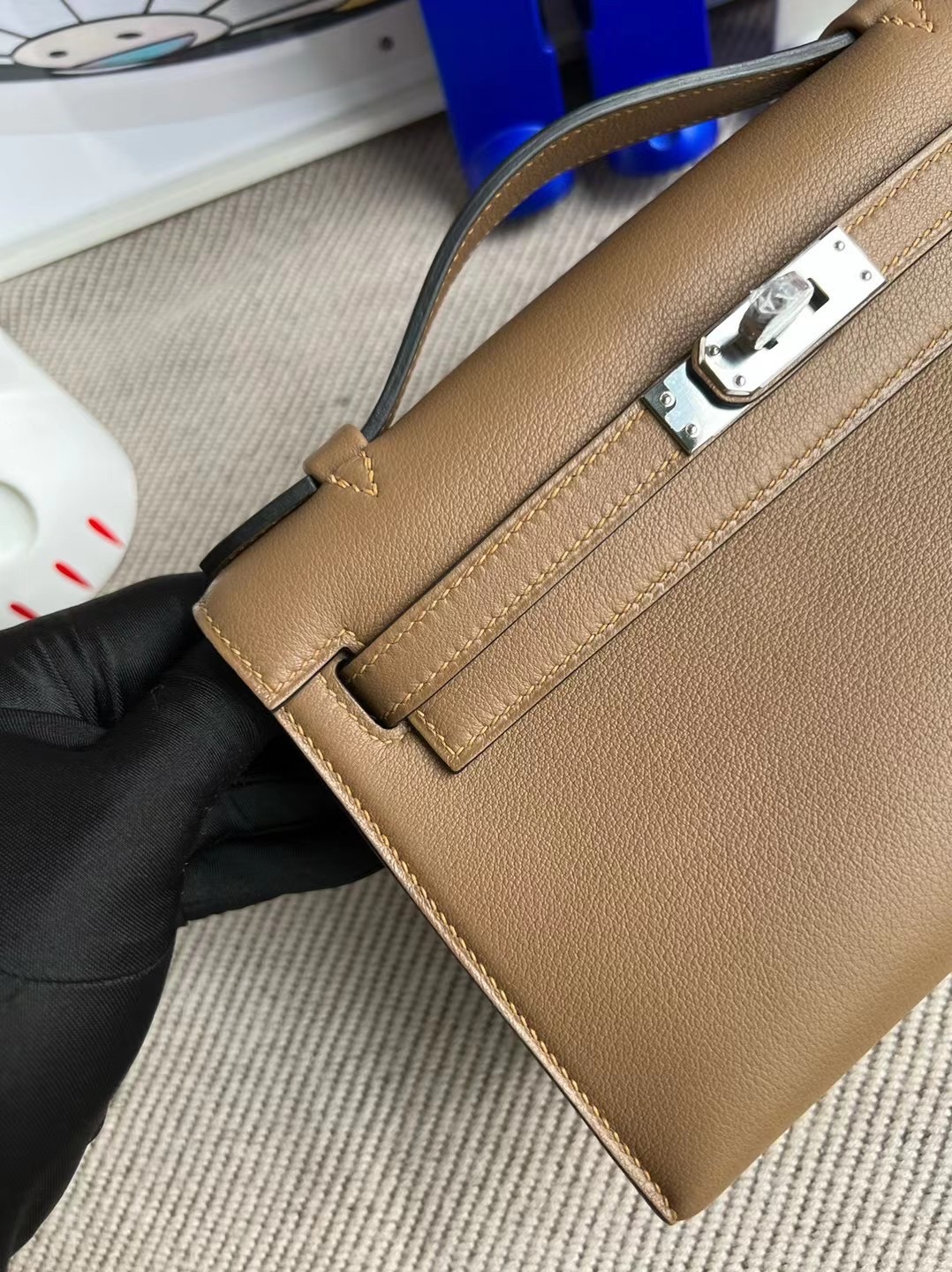 Hermes Mini kelly Pochette Swift D0 beige de weimer 威犬馬米色 銀扣