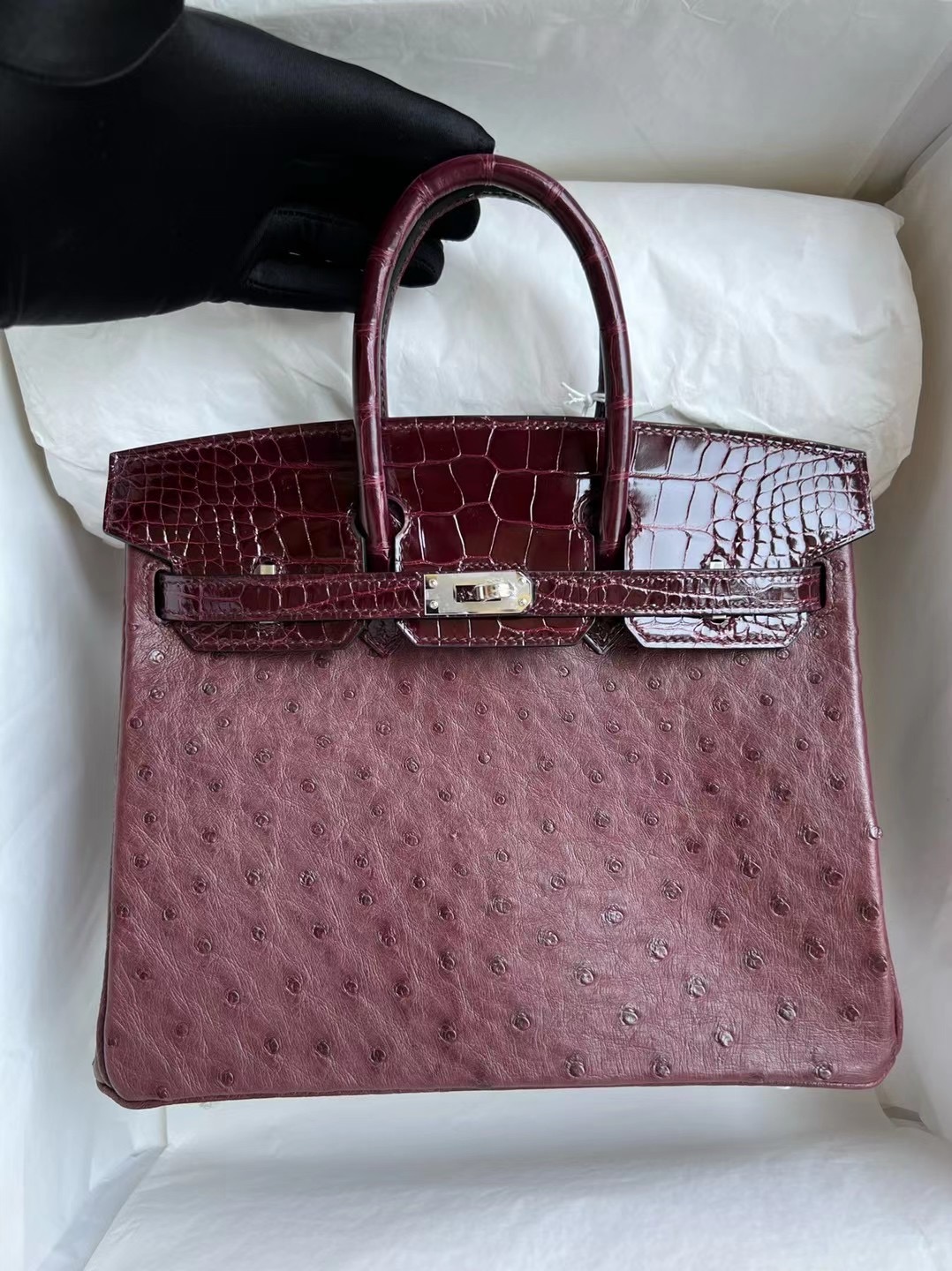 愛馬仕鉑金包 新加坡價格 Hermes Birkin 25 Touch Ostrich/Shiny Crocodile 57 Bordeaux